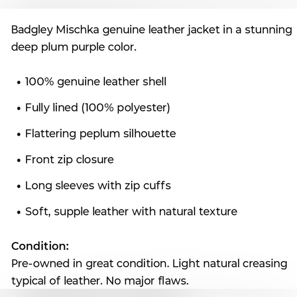 Badgley Mischka Plum Genuine Leather Peplum Zip Jacket Women's Sz Petite Small - Picture 3 of 8